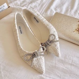Steve Madden Elina Flat natural white tweed ballet sparkle crystal bow 8 NIB nee